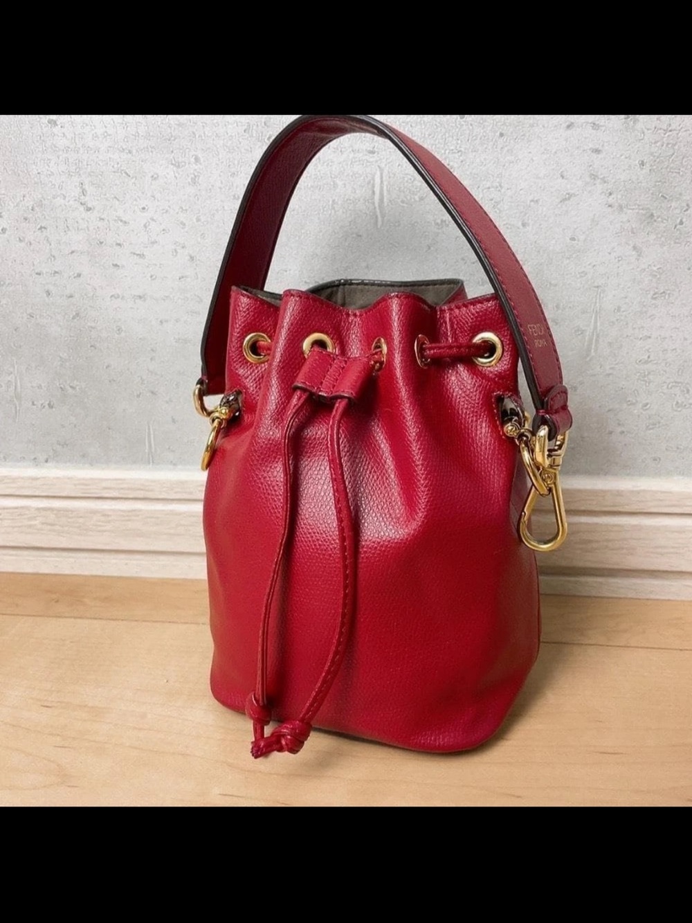 Fendi Red Leather Drawstring Bucket Bag with Gold Hardware